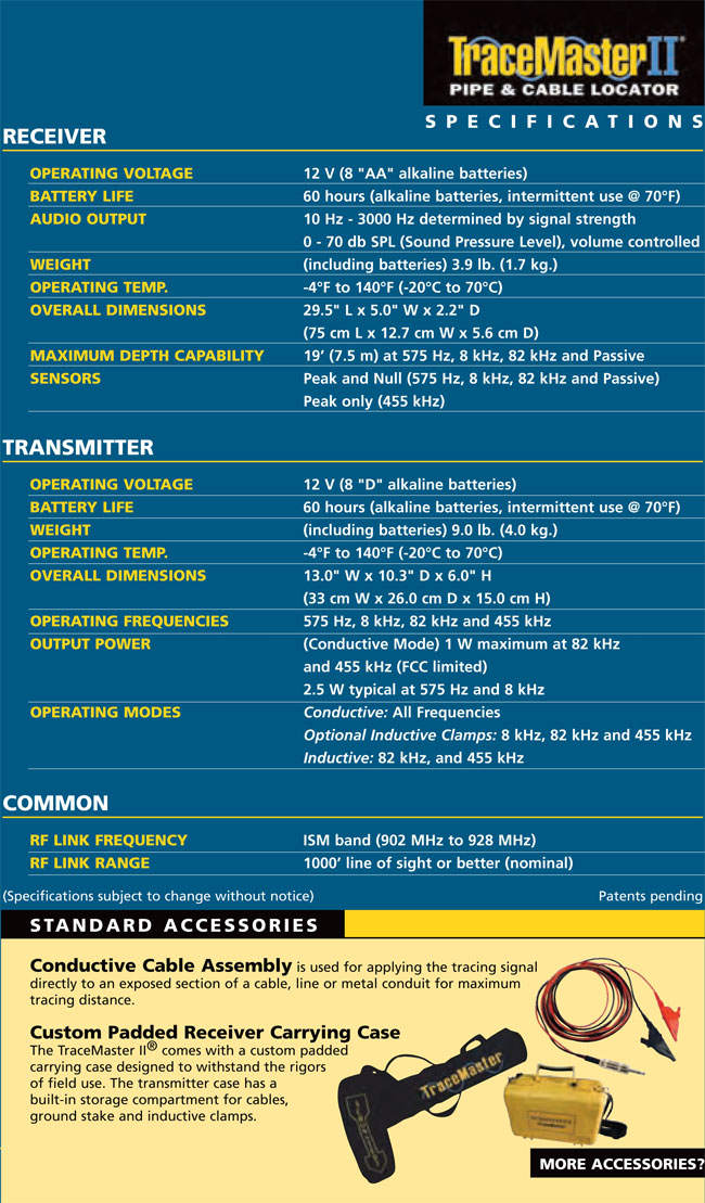 Schonstedt Utility Pipe and Cable locator specifications for the TraceMaster II